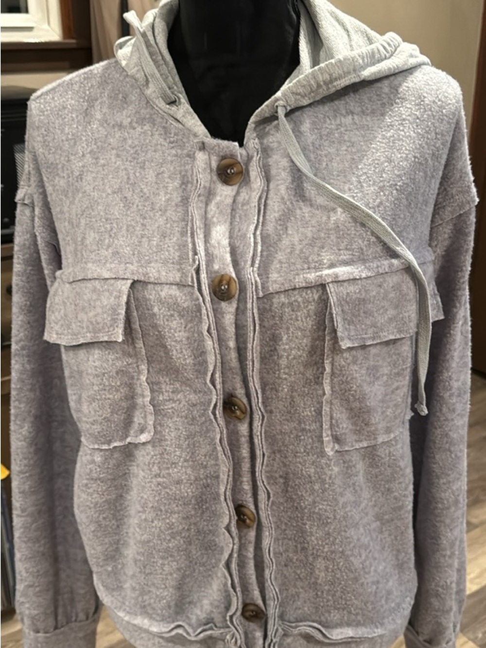 Cozy Hooded Button-Up Pocket Jacket in Light Gray